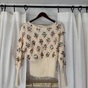 Anthropologie Sequin Embellished Cream Sweater holiday xsp petite